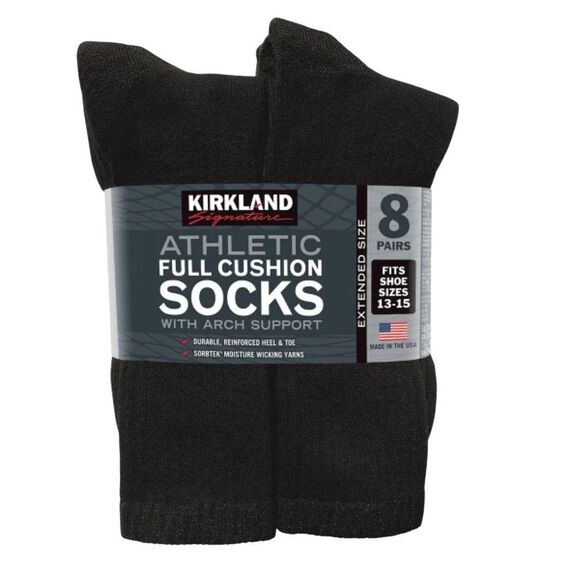 NWT KIRKLAND SIGNATURE Men’s Athletic Socks 8-Pair Black Arch Support Cushioned - Picture 1 of 10